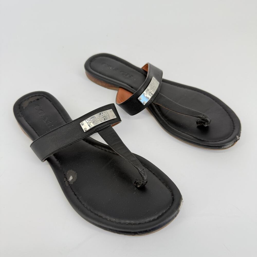 Coach Black Leather Sandals 6.5B Logo Thong Slide Flat Minimalist Resort Wear